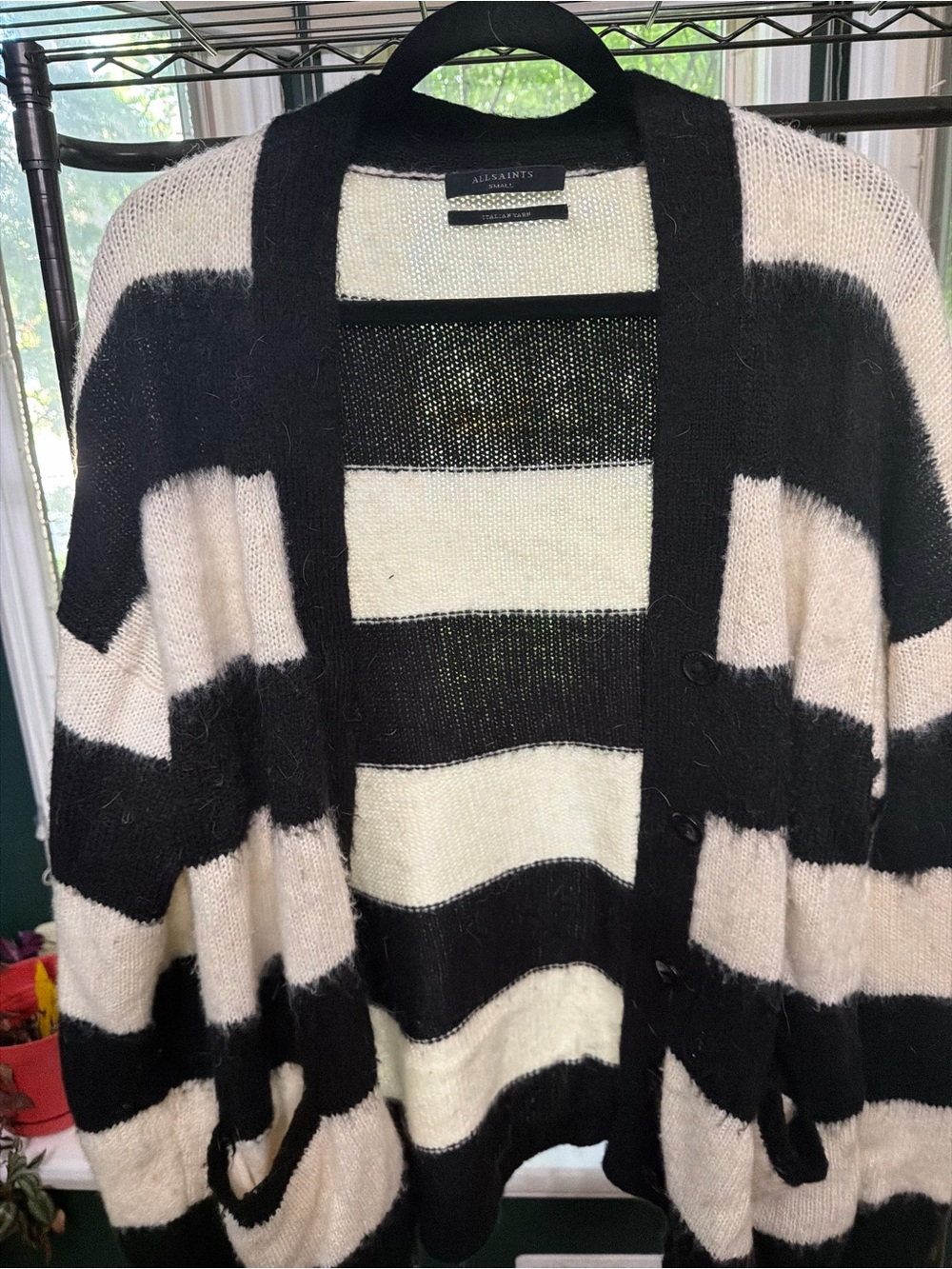 All Saints Black and Cream Wide-Stripe Open Front Cardigan